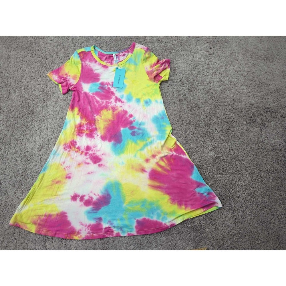 Popyoung T Shirt Dress Womens Large Colorful Tie Dye Short Sleeve Swing Mini NEW